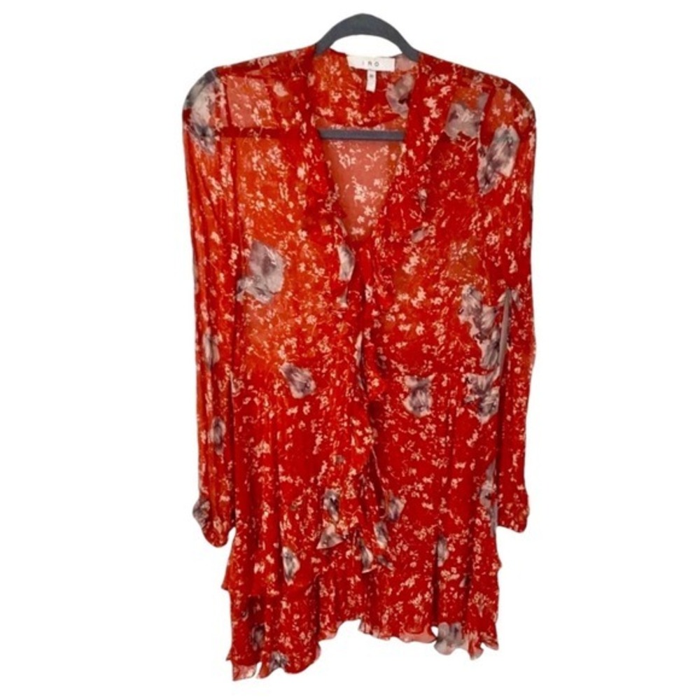 IRO‎ Vilia Floral Wrap Mini Dress Red Ruffle Long Sleeve Chiffon Womens 6